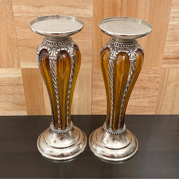 Rare Vintage MCM Mid Century Modern Amber Silver-plate Caged Candle Holder Set - Picture 2 of 12